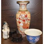 LARGE JAPANESE VASE 
together with two Chinese wooden stands,