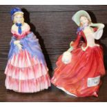 TWO ROYAL DOULTON FIGURES OF " VICTORIAN LADY " ( DAMAGED ) AND "AUTUMN BREEZES"
together with a