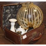 VINTAGE TAN LEATHER TRAVEL CASE
together with glass vase and other items