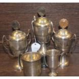 GROUP OF SILVER PLATED GOLF TROPHIES
along with a small silver trophy and a silver plated cup