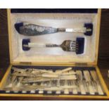 OAK CANTEEN OF SILVER PLATED CUTLERY 
with mother of pearl handles