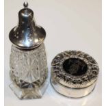 SILVER TOPPED CUT GLASS SUGAR CASTOR AND A SILVER TRINKET BOX
both with London hallmarks,
