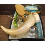 LOT OF MIXED COLLECTABLES
including a horn handled magnifying glass, gilloche enamelled brush,