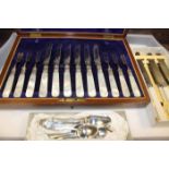 LOT OF VARIOUS FLATWARE
including a cased mother of pearl handled fruit set, other cased examples,