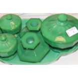 GREEN GLASS DRESSING TABLE SET
comprising tray, pair of candlesticks,