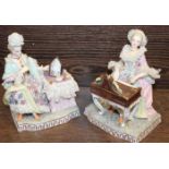 PAIR OF DRESDEN FIGURES 
one of a female at the piano and another of a female at her toilette