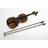 EARLY 20TH GERMAN VIOLIN 
with 14" two-piece back, brown varnish, coffin case and two bows,