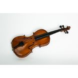 EARLY 20TH CENTURY VIOLIN
with 14 1/4" curled back, partial paper label (illegible),