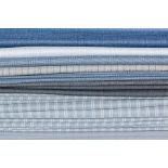 EIGHT TYPES OF BLUE ENGLISH WOOL SUIT FABRICS
including a blue and grey striped wool polymer blend,