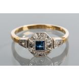 ART DECO SAPPHIRE AND DIAMOND RING
with a central square sapphire surrounded by diamonds,