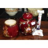 CARLTONWARE GINGER JAR WITH LID AND A VASE
a Coalport candlestick (3)