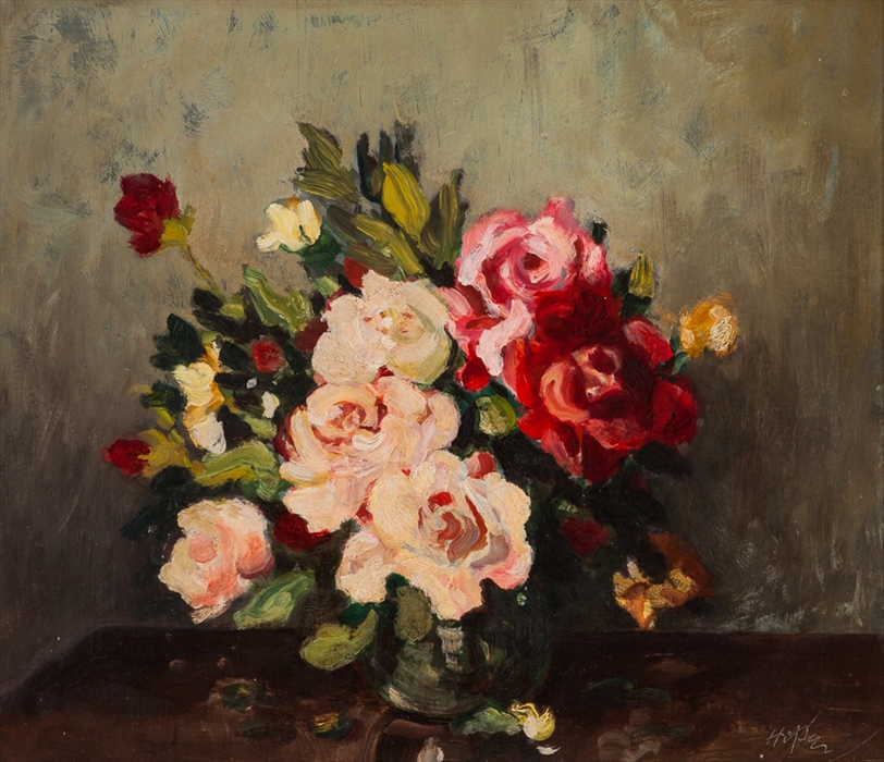ROBERT HOPE RSA (SCOTTISH 1869 - 1936),
ROSES
oil on board, signed with incised signature, - Image 2 of 2