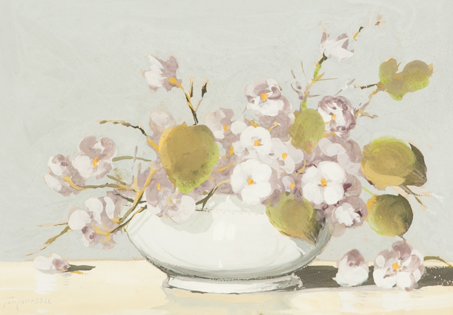 TOM CAMPBELL (SCOTTISH 1865 - 1943), 
BOWL WITH PURPLE FLOWERS
gouache on paper, signed 
18cm x 25. - Image 2 of 2