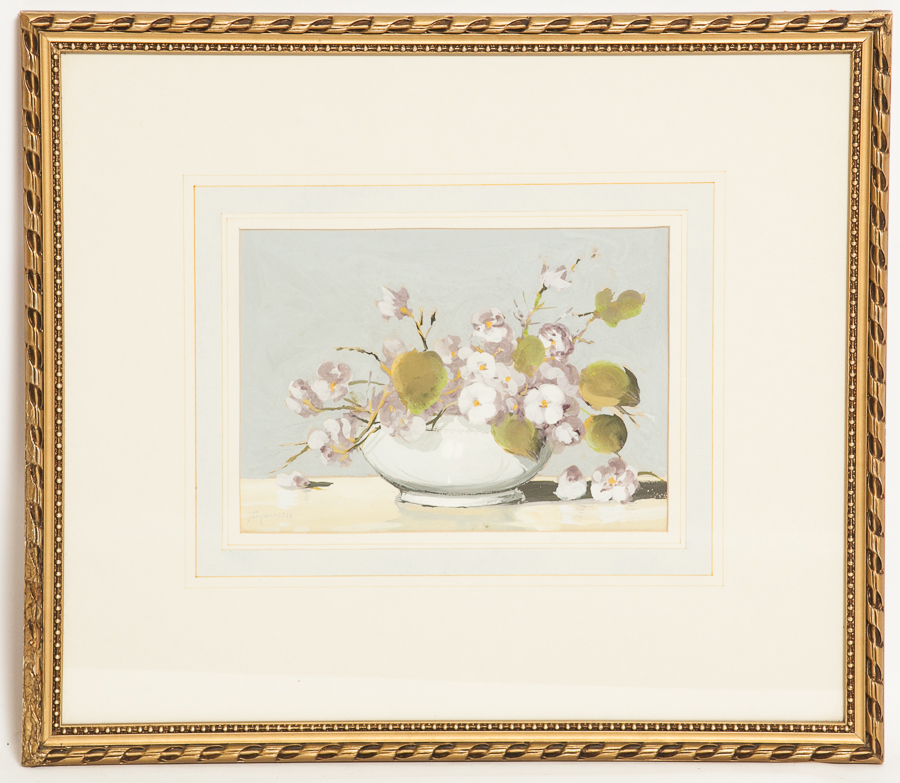 TOM CAMPBELL (SCOTTISH 1865 - 1943), 
BOWL WITH PURPLE FLOWERS
gouache on paper, signed 
18cm x 25.