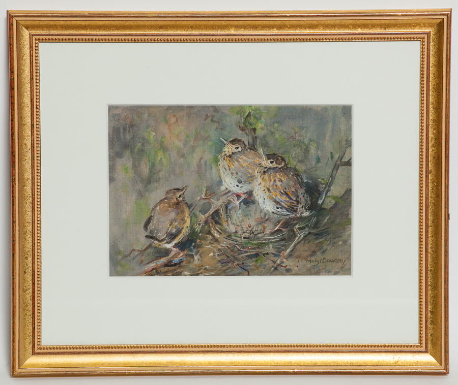 * MABEL DAWSON RSW (SCOTTISH 1887 - 1965), 
BABY ROBINS
mixed media on linen,