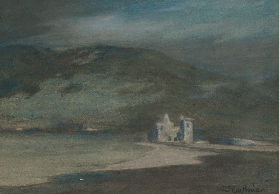 WILLIAM GUTHRIE (SCOTTISH 19TH/20TH CENTURY),
LOCH RANZA CASTLE BY MOONLIGHT
pastel on paper, - Image 2 of 2