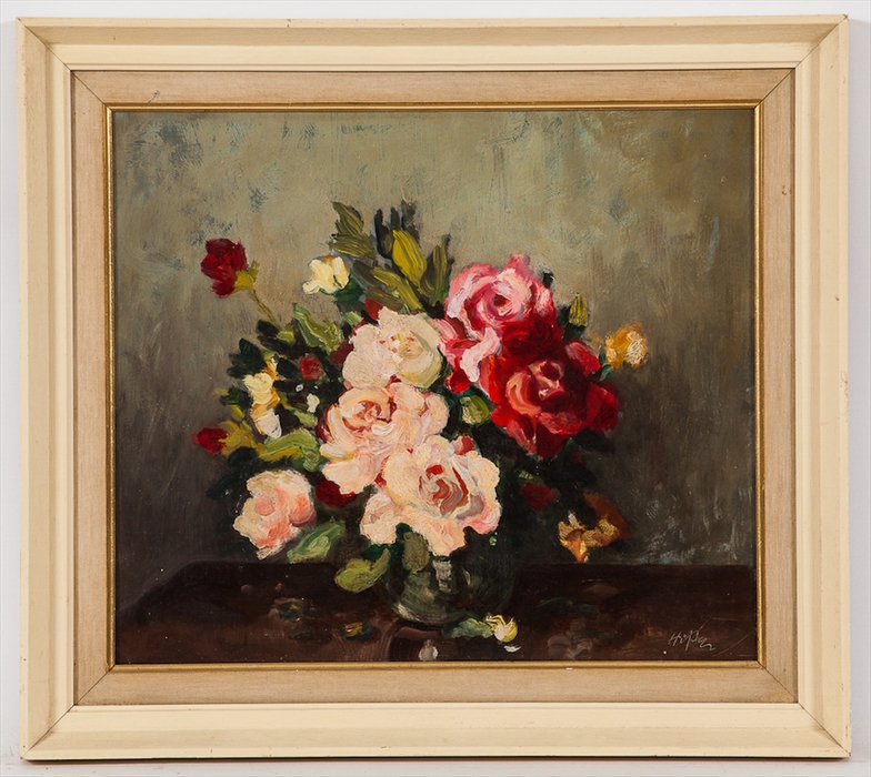 ROBERT HOPE RSA (SCOTTISH 1869 - 1936),
ROSES
oil on board, signed with incised signature,