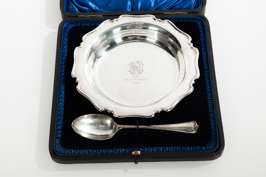 EDWARDIAN SILVER BOWL AND SPOON CHRISTENING SET
maker Atkin Brothers, Sheffield 1905,