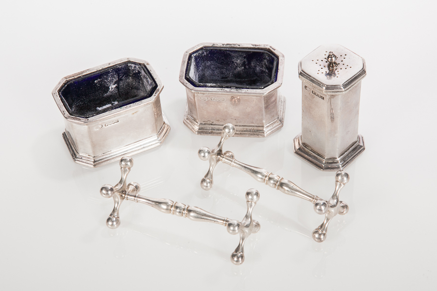 TWO SCOTTISH SILVER SALT CELLARS AND A PEPPER SHAKER
maker James Weir, Glasgow 1923,