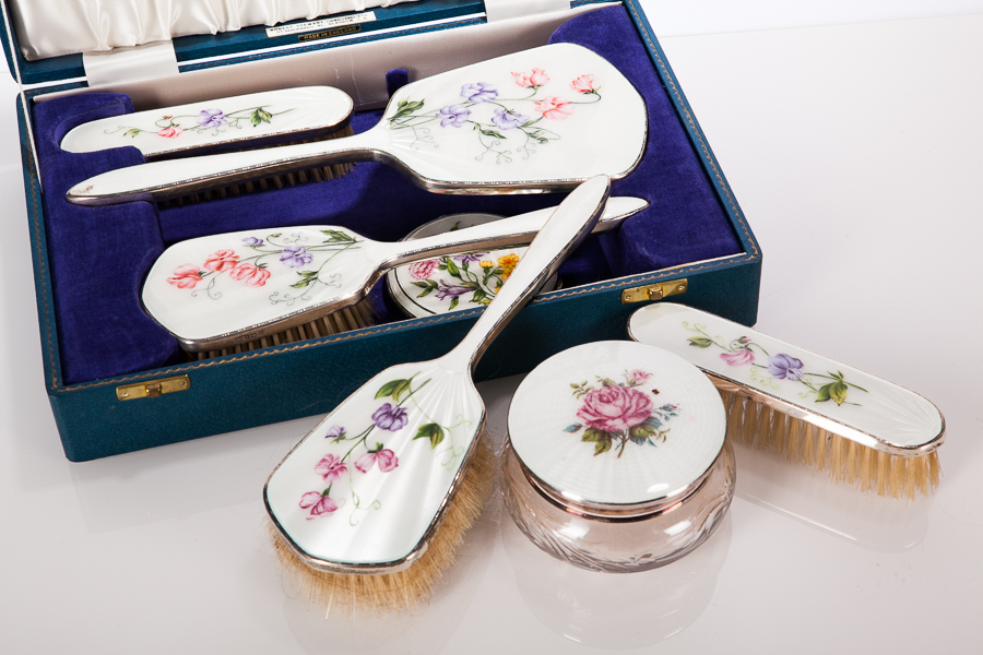 SILVER GUILLOCHE ENAMEL THREE-PIECE VANITY SET
maker Barker Ellis Silver Co,