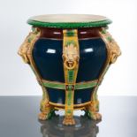 VICTORIAN ENGLISH MAJOLICA JARDINIERE 
the royal blue and brown body with cream interior and