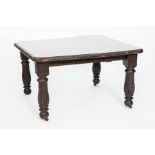 LATE VICTORIAN OAK TELESCOPIC DINING TABLE
with carved edges and baluster column feet,