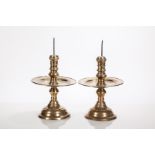 PAIR OF GEORGIAN BRASS CANDLESTICKS
with drip pans,