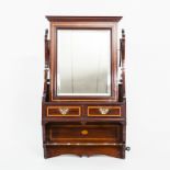 EDWARDIAN INLAID MAHOGANY WALL-MOUNTING DRESSING GLASS 
with a rectangular mirror above two small