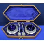 PAIR OF VICTORIAN SILVER PLATED OPEN SALT DISHES
with blue glass liners,