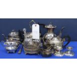 LOT OF SILVER PLATED ITEMS
including a four piece tea service, three piece tea service, cruet stand,