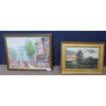 OIL PAINTING BY 'BURNETT'
depicting a Paris street scene, along with "Highland Landscape" by M. W.