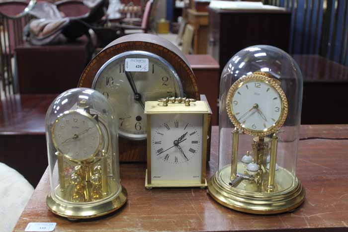 MAHOGANY INLAID ART DECO STYLE MANTEL CLOCK
together with two Anniversary clocks and two other