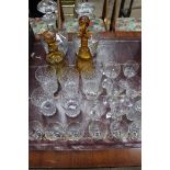 LOT OF COLOURED GLASS AND CRYSTAL
including two amber glass decanters