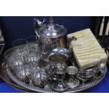 GROUP OF SILVER AND PLATED WARE
including two silver teaspoons, a tea set,