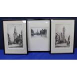 ETCHING OF PRINCES STREET EDINBURGH BY W SINCLAIR together with two lithographs of Glasgow scenes (