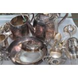 LARGE GROUP OF SILVER PLATED ITEMS
including a tea pot, cream and sugar, butter tray,