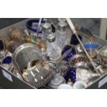 LOT OF SILVER PLATED AND GLASS CONDIMENT POTS AND DISHES