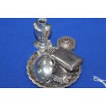 SMALL GROUP OF SILVER
including a dish, purse, wine labels, caddy spoon,