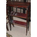 MAHOGANY THREE-TIER CAKE STAND
together with a line inlaid ladder-back chair, a mahogany book shelf,