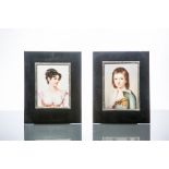PAIR OF PAINTED PORCELAIN PANELS
depicting a young woman wearing pink and a young gentleman in