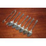 SET OF SIX GEORGE V SILVER TEASPOONS AND TONGS
maker Walker & Hall, Sheffield 1916,