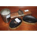 ART DECO CIGARETTE BOX WITH CENTRAL LIGHTER
and a pair of gentleman's hair brushes and an eastern