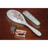 SELECTION OF SILVER VANITY ITEMS
including two guilloche enamel brushes, a painted trinket box ,