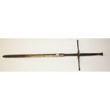 A LARGE HEAVY TWO HANDLED SWORD,