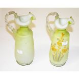 A PAIR OF ART GREEN GLASS JUG VASES,