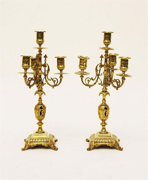 A PAIR OF THREE-BRANCH FOUR-LIGHT BRASS