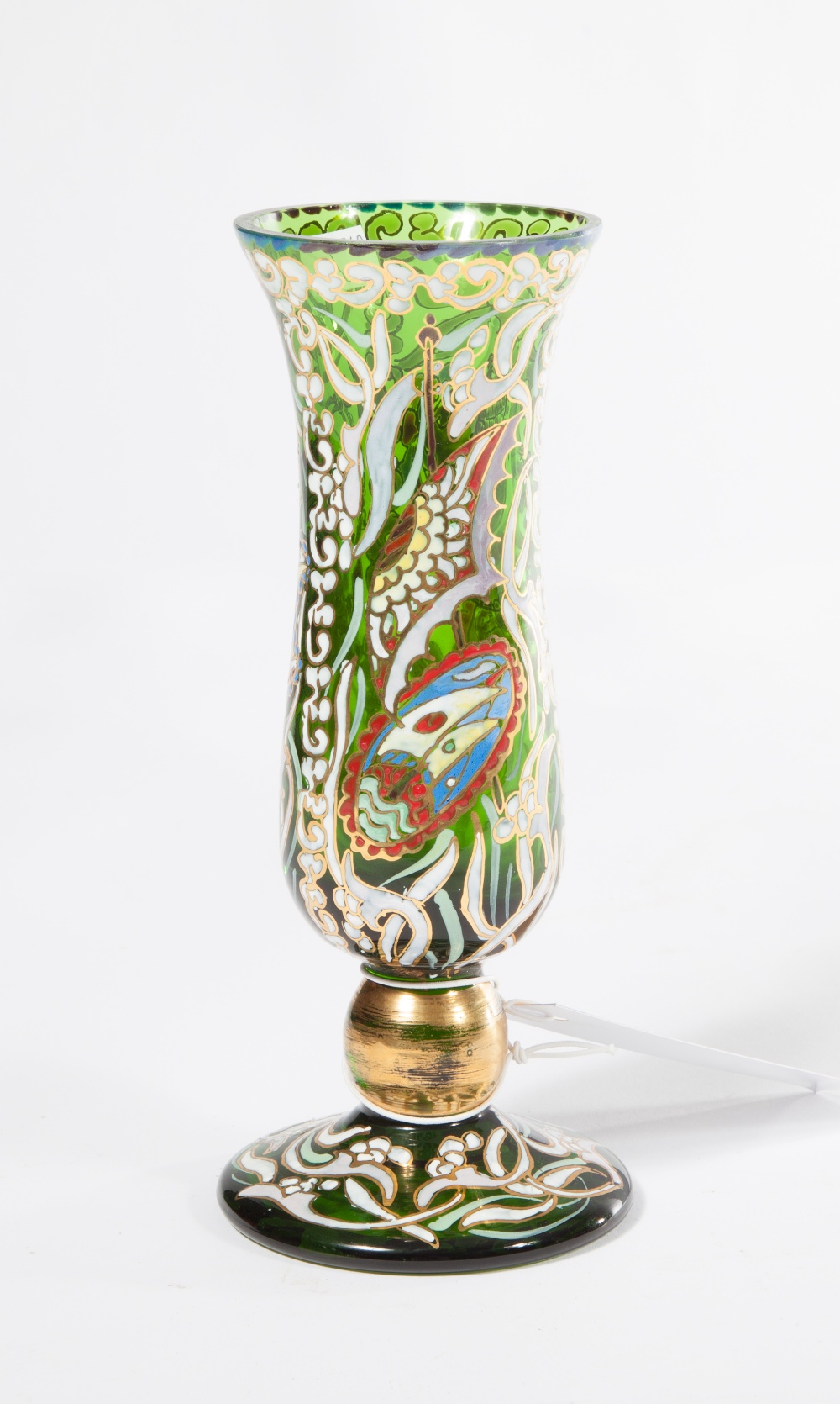 A CONTINENTAL GREEN GLASS PAINTED VASE,
