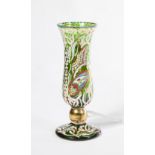 A CONTINENTAL GREEN GLASS PAINTED VASE,