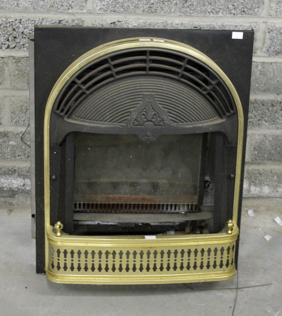 A MODERN GAS FIRE FRONT,  with brass sur