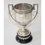 A LARGE  HEAVY TWO HANDLED SILVER TROPHY